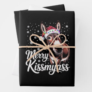 Fröhlicher Küssmeinarsch Esel Sarkastisches Weihna Geschenkpapier Set