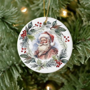 Fröhlicher lächelnder Weihnachtsmann-Wasserfarben- Keramik Ornament