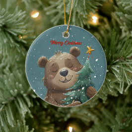 Fröhlicher Niedlicher Bär umarmt Weihnachtsbaum Keramik Ornament