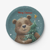 Fröhlicher Niedlicher Bär umarmt Weihnachtsbaum Pappteller (Vorderseite)