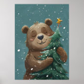 Fröhlicher Niedlicher Bär umarmt Weihnachtsbaum Poster (Vorne)