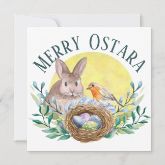 Fröhlicher Ostara Frühling Hase und Vogelnest Feiertagskarte