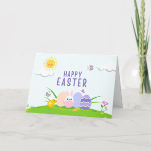 Fröhlicher Osterhase, bemalte Eier und Huhn Karte