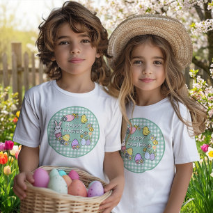 Fröhlicher Osterhase Küken Eier Grün Gingham T-Shirt