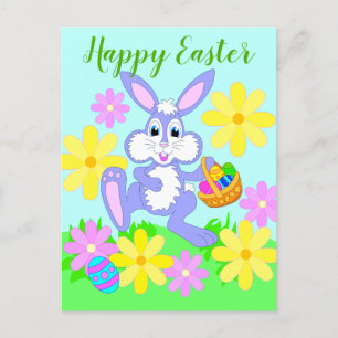 Fröhlicher Osterhase Süßer Cartoon-Hase Blumen Postkarte
