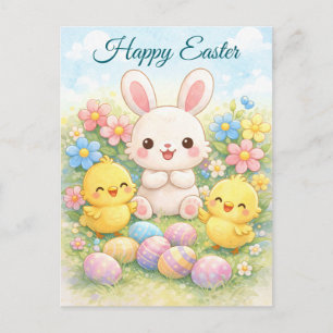 Fröhlicher Osterhase und Küken Süße Pastellfarben Feiertagspostkarte