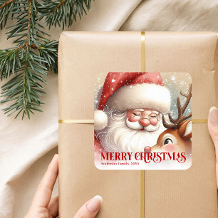 Fröhlicher personalisierter Weihnachtsmann und Rud Quadratischer Aufkleber