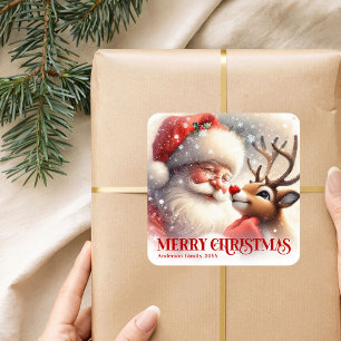 Fröhlicher personalisierter Weihnachtsmann und Rud Quadratischer Aufkleber