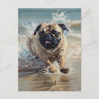 Fröhlicher Pug am Strand anpassbar Postkarte