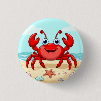 Fröhlicher Red Cartoon Crab am Strand mit Seashell Button