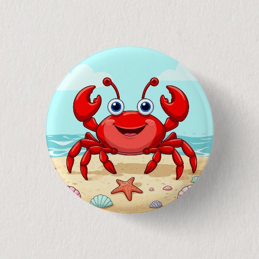 Fröhlicher Red Cartoon Crab am Strand mit Seashell Button (Vorderseite)