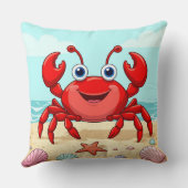 Fröhlicher Red Cartoon Crab am Strand mit Seashell Kissen (Rückseite)