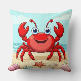 Fröhlicher Red Cartoon Crab am Strand mit Seashell Kissen