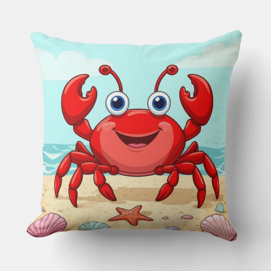 Fröhlicher Red Cartoon Crab am Strand mit Seashell Kissen (Vorderseite)
