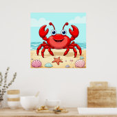 Fröhlicher Red Cartoon Crab am Strand mit Seashell Poster (Küche)
