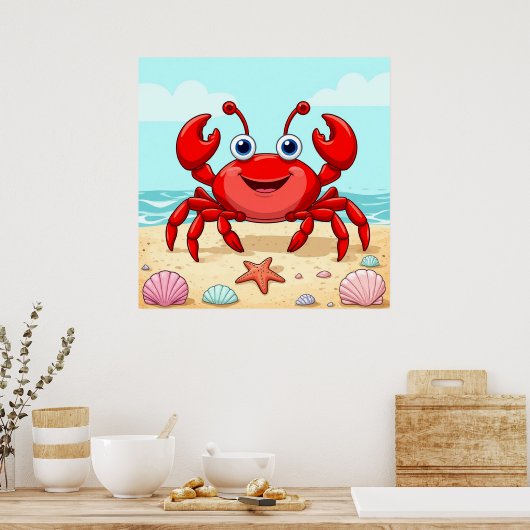 Fröhlicher Red Cartoon Crab am Strand mit Seashell Poster (Küche)