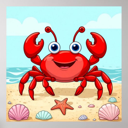 Fröhlicher Red Cartoon Crab am Strand mit Seashell Poster (Vorne)