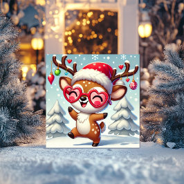 Fröhlicher Rentier mit Schnee und Ornamenten Feiertagskarte