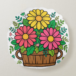 Fröhlicher Retro-Blumen-Holzpflanzkübel Rundes Kissen