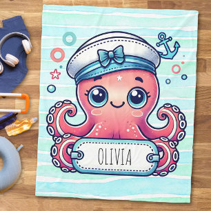 Fröhlicher rosa Oktopus mit Namensschild Fleecedecke
