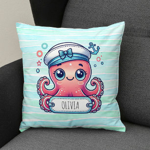 Fröhlicher rosa Oktopus mit Namensschild Kissen