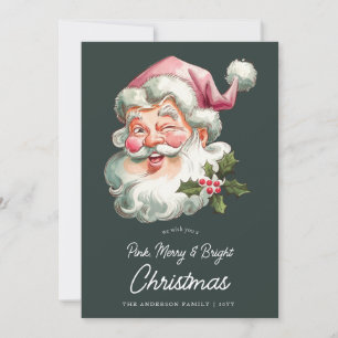 Fröhlicher rosa Weihnachtsmann Retro-Aquarell Feiertagskarte