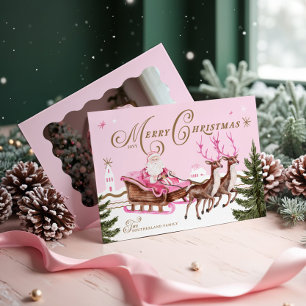 Fröhlicher Rosa Weihnachtsmann Seligh Rentier Foto Feiertagskarte