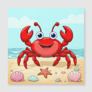 Fröhlicher roter Cartoon-Krebs am Strand mit Musch Magnetkarte