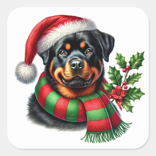 Fröhlicher Rottweiler mit Weihnachtshut und Scarf Quadratischer Aufkleber (Vorderseite)