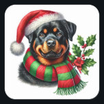 Fröhlicher Rottweiler mit Weihnachtshut und Scarf Quadratischer Aufkleber<br><div class="desc">Ein fröhlicher Rottweiler trägt eine festliche Weihnachtsmannmütze und einen bunten gestreiften Schal,  umgeben von heiligen Blätter und roten Beeren. Dieser fröhliche Hund verkörpert den Geist der Weihnachtszeit und feiert die Urlaubssaison auf eine angenehme Art und Weise.</div>