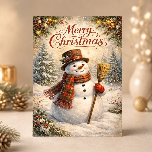 Fröhlicher rustikaler Schneemann Frohe Weihnachten