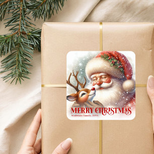 Fröhlicher Santa Rudolph Personalisierter Festtag Quadratischer Aufkleber