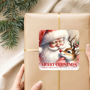 Fröhlicher Santa Rudolph Personalisiertes Weihnach Quadratischer Aufkleber