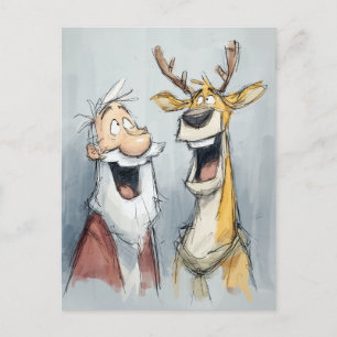 Fröhlicher Santa und Rentier lachen Postkarte