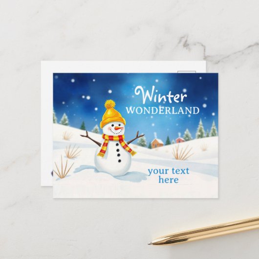 Fröhlicher Schneemann - Abendstimmung im Schnee | Postkarte (Vorderseite/Rückseite Beispiel)