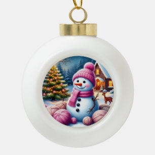 Fröhlicher Schneemann am Weihnachtsbaum in einem g Keramik Kugel-Ornament