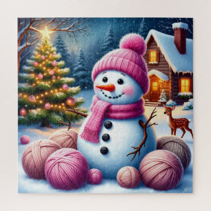 Fröhlicher Schneemann am Weihnachtsbaum in einem g Puzzle