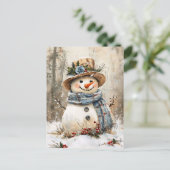 Fröhlicher Schneemann im Wald Postkarte (Stehend Vorderseite)