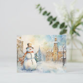 Fröhlicher Schneemann in einem Snowy Village Postkarte (Stehend Vorderseite)