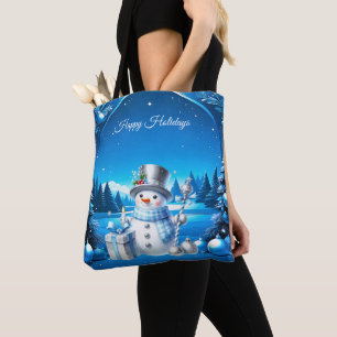 Fröhlicher Schneemann in einer verschneiten Wald-T Tasche