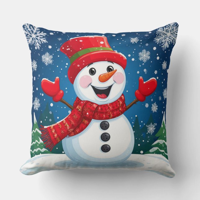 Fröhlicher Schneemann in Red Scarf und Hat Kissen (Vorderseite)