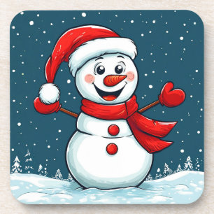 Fröhlicher Schneemann in Santa-Hut mit Schal Getränkeuntersetzer