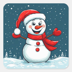 Fröhlicher Schneemann in Santa-Hut mit Schal Quadratischer Aufkleber
