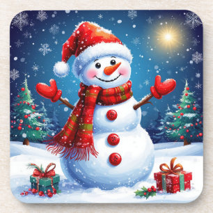 Fröhlicher Schneemann mit einem Weihnachtsmannhut Getränkeuntersetzer