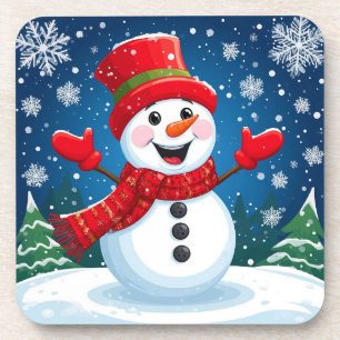 Fröhlicher Schneemann mit rotem Schal und Hut Getränkeuntersetzer