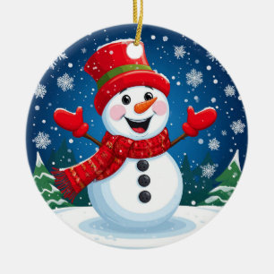 Fröhlicher Schneemann mit rotem Schal und Hut Keramik Ornament