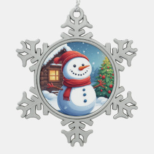 Fröhlicher Schneemann mit Weihnachtsbaum Schneeflocken Zinn-Ornament