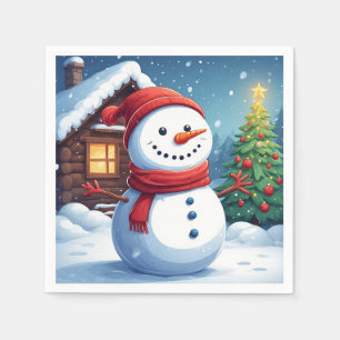Fröhlicher Schneemann mit Weihnachtsbaum Serviette