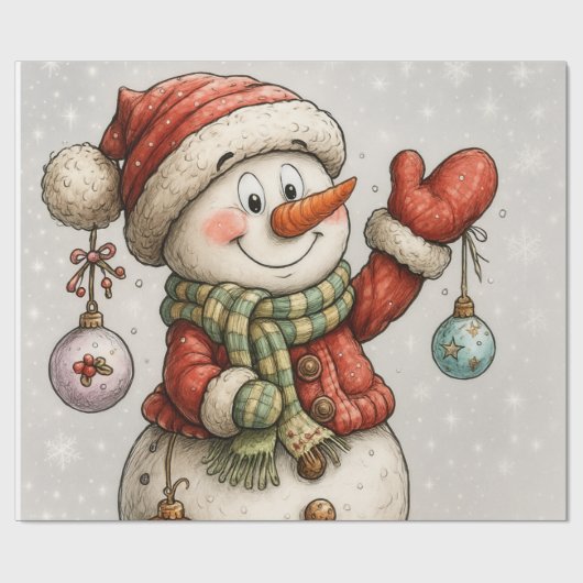 Fröhlicher Schneemann mit Weihnachtskugeln Geschenkpapier (Flach)