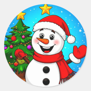 Fröhlicher Schneemann mit Weihnachtsmannmütze und  Runder Aufkleber